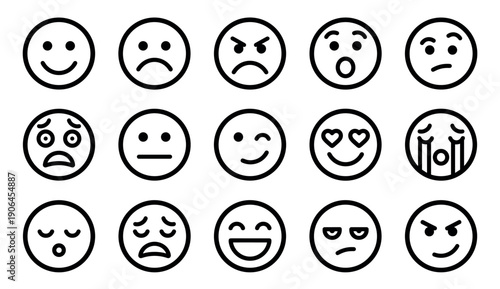 Large set of black outline emoticons showing various facial expressions and human emotions like happy, sad, angry, and surprised, presented in a simple, minimalist line art style