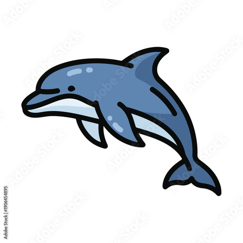 A cartoonish blue dolphin with a black outline