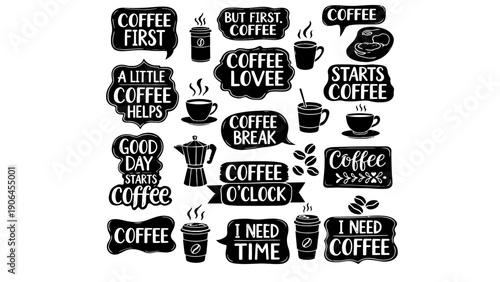 A collection of coffee stickers and signs on a white background