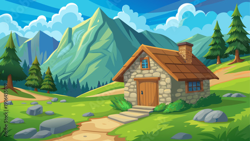 Cartoon vector of a stone cabin in a green mountain valley with wide open space flat clean design