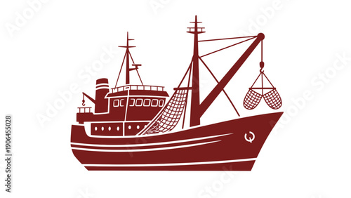 A red fishing boat with nets on a white background