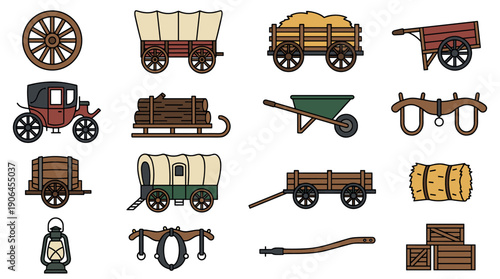 Collection of old western transportation icons including a covered wagon, carriage, cart, and wheelbarrow in a flat color line art style for historical or pioneer themes