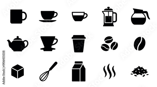 Set of black coffee and tea icons featuring a mug, cup, teapot, french press, beans, and other cafe related items in a minimalist flat silhouette vector graphic style