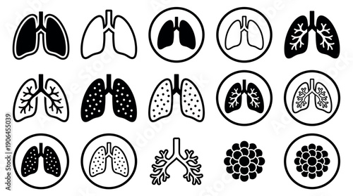 Collection of black and white lung icons showing various anatomical representations for medical and scientific concepts, including bronchioles and alveoli in a minimalist vector style