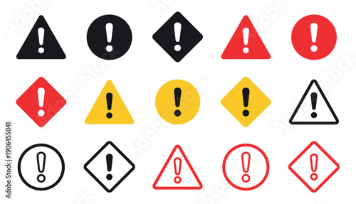 Diverse set of exclamation point icons in red, yellow, and black, featured in triangular, circular, and diamond shapes to signify warnings, errors, and important notices