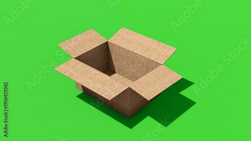 3D animation of cardboard box unpacking on green background, suitable for advertising, online stores, logistics presentations, unboxing scenes, and digital marketing content, 4k video