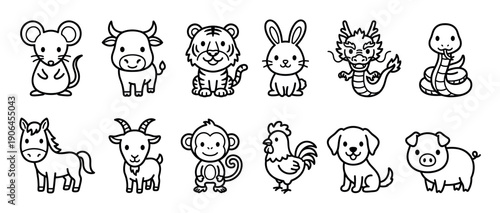 Twelve cute black and white zodiac animals in a charming hand-drawn style, featuring a rat, ox, tiger, rabbit, dragon, snake, horse, goat, monkey, rooster, dog, and pig icon set