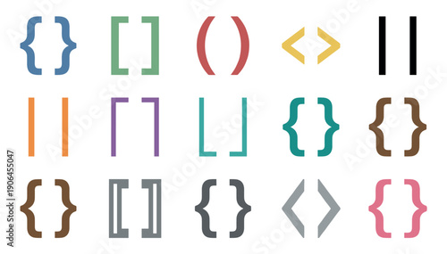 Colorful collection of programming bracket symbols including curly braces, square brackets, and parentheses in a flat graphic design style for coding and syntax concepts