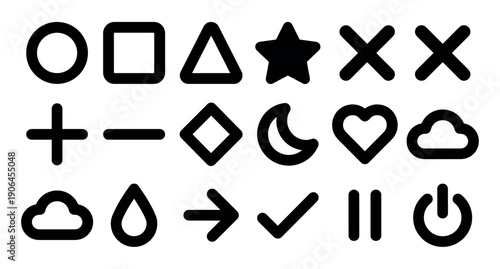 Collection of black minimalist universal icons featuring geometric shapes, weather symbols, and user interface elements with a bold, rounded line art style for graphic design