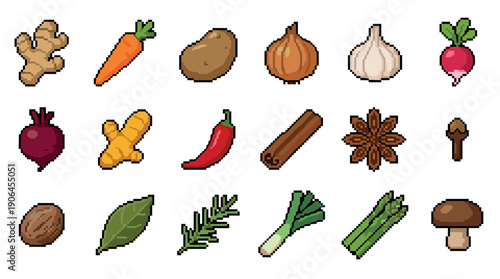 Pixel art collection of vegetables spices and herbs featuring ginger, carrot, onion, garlic, chili, and mushroom in a retro 8-bit video game style illustration set