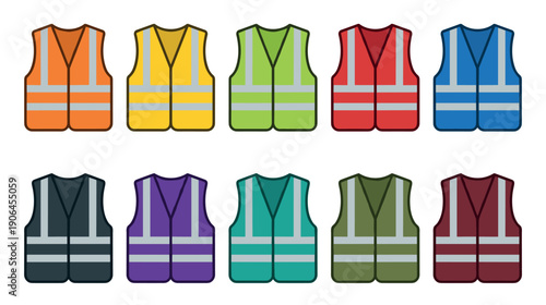 Colorful collection of high-visibility safety vests with reflective stripes shown in a flat vector illustration style, featuring a wide palette of different color options for workwear