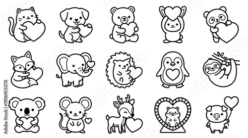 Set of cute kawaii animal characters holding hearts for Valentine's Day, including a cat, dog, bear, panda, and sloth in a simple black and white line art doodle style