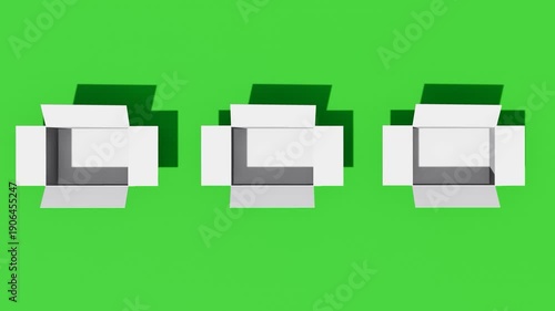 3D animation of white cardboard box unpacking on green background, perfect for e-commerce promotions, logistics and shipping concepts, product unboxing, and commercial video projects, 4k video