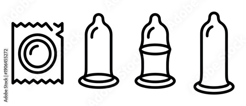 Black line art condom icon set showing a wrapper and unrolled contraceptive for safe sex education, presented in a simple, minimalist graphic illustration style