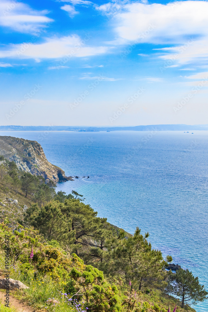Fototapeta premium Rocky coastline by the sea a sunny summer day