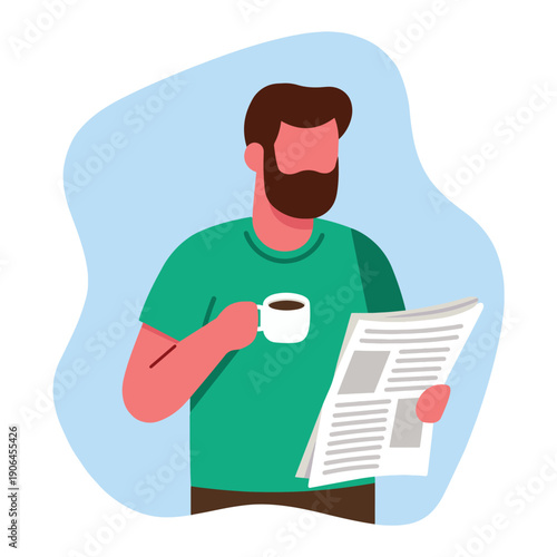 Bearded Man Enjoying Morning Routine with News and Coffee. Design Element. Vector Illustration. Daily Activity Concept for Web Solution. 