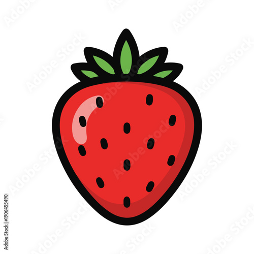 A cartoonish red strawberry with green leaves