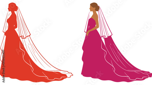 Two women in wedding dresses and veils standing side by side