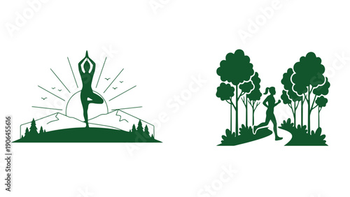 A serene yoga and running illustration in a natural outdoor setting
