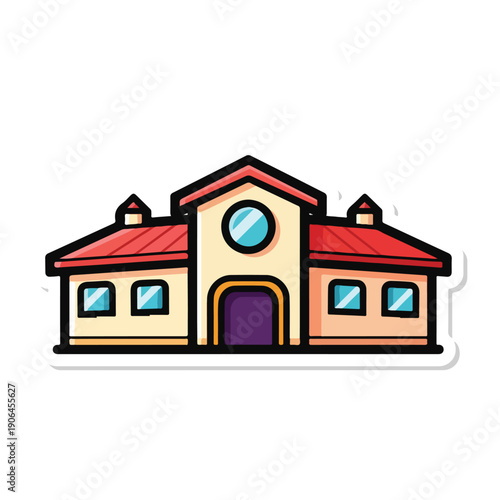 A cartoonish building with a red roof and purple door