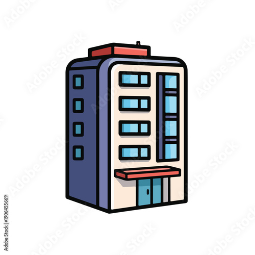A cartoon-style illustration of a building with blue and beige walls