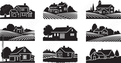 Black and white farmhouse silhouettes in rural landscape settings