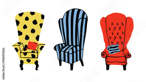Chair colorful illustration with polka dots and stripes on transparent background