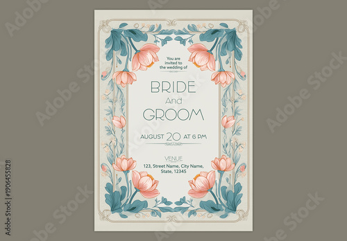 Editable Floral Wedding Invitation Card Template with Lotus Flowers and Soft Beige Background Design.