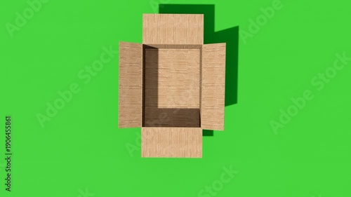 3D animation of cardboard box unpacking on green background, suitable for advertising, online stores, logistics presentations, unboxing scenes, and digital marketing content, 4k video
