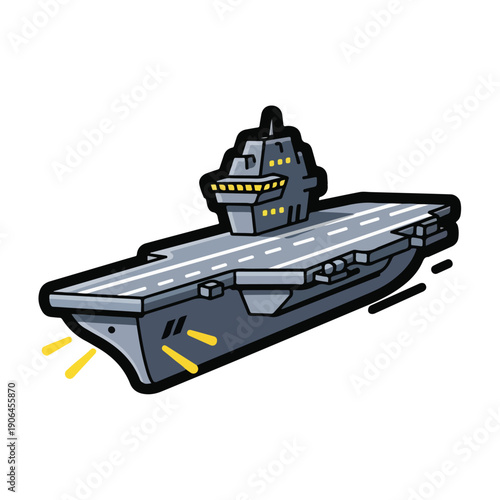 A cartoonish illustration of a gray aircraft carrier