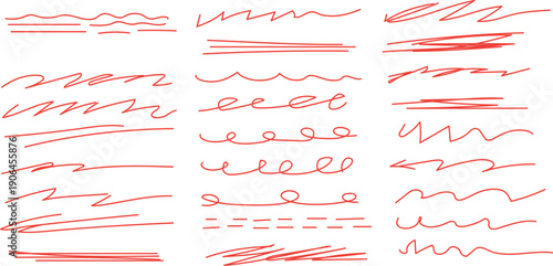 collection of various hand-drawn red lines, strokes, and squiggles, designed for use as underlines, highlights, or emphasis markers. 