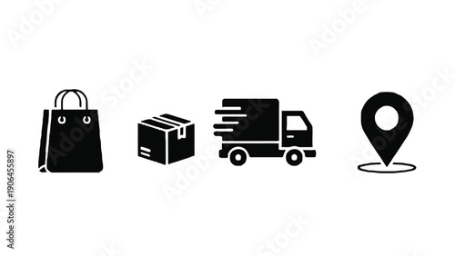 Logistics icons set including shopping bag, box, truck, and location pin on transparent background