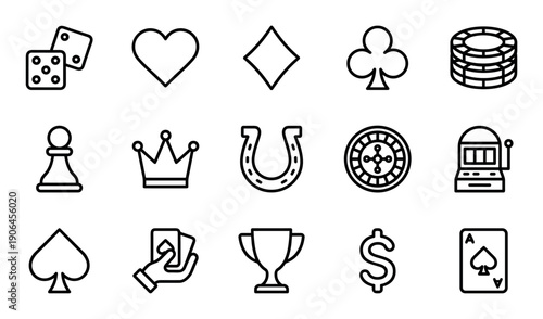 Set of black line icons for gambling and casino games including dice, cards, chips, and a roulette wheel, representing luck, risk, and winning in a simple vector style