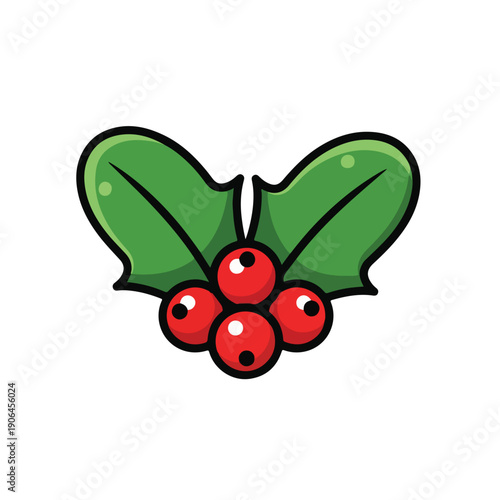 A cartoonish illustration of a green holly leaf with bright red berries