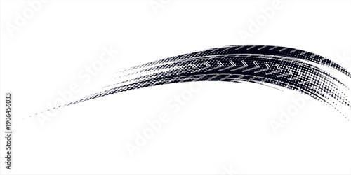 Grunge tire track, wheel braking marks. Truck, car or motorcycle tread pattern silhouette. Auto race, motorsport, speed racing design element. Vector illustration