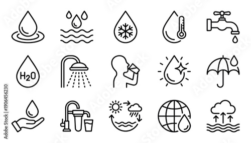 Set of black line art icons representing water in various forms, uses, and concepts like purity, weather, filtration, and the global cycle in a minimalist vector style