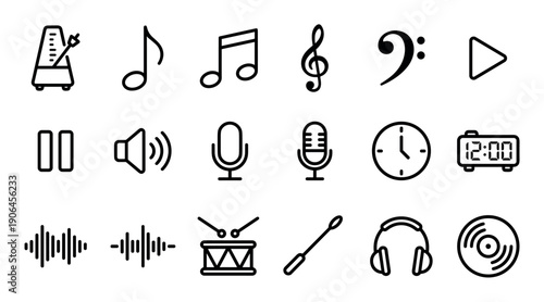 Set of music and audio icons featuring a metronome, musical notes, clefs, microphones, and headphones in a clean black and white line art vector style for interface design