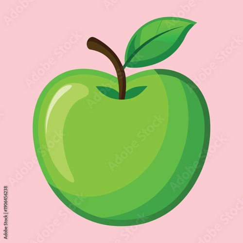 vibrant green apple with stem and leaf on pastel pink background, fresh fruit