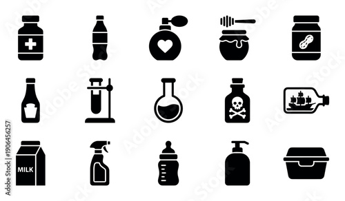 Collection of black glyph icons representing various bottles, jars, and containers for products like medicine, food, cosmetics, and chemicals in a clean vector illustration style