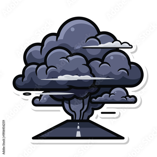 A cartoonish dark cloud erupting from a road