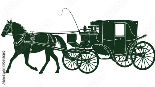 A dark green silhouette of a horse-drawn carriage on a white background