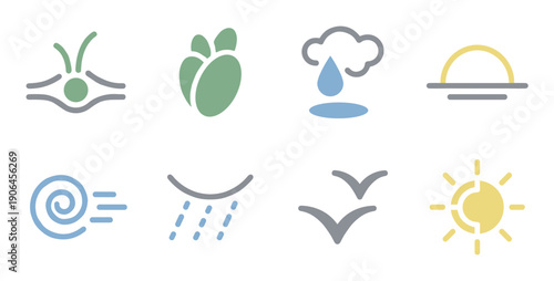 Set of eight minimalist nature and weather icons featuring symbols for sun, rain, wind, plants, and birds, designed in a simple flat style with a muted color palette