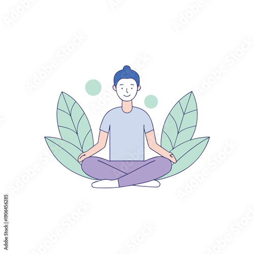 Vector illustration of a person meditating in lotus pose with green leaves, mindfulness and relaxation concept, isolated on white
