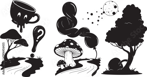 Whimsical black and white illustrations of fantasy forest elements