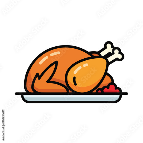 A cartoon-style roasted turkey on a tray
