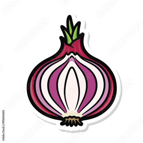 A cartoon-style illustration of a cut red onion
