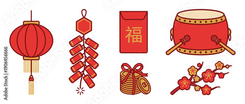 Set of traditional Chinese New Year icons featuring a red lantern, firecrackers, a lucky money envelope with a fortune character, a drum, coins, and plum blossoms
