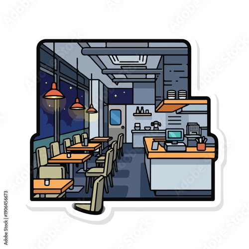 A cartoon-style illustration of a restaurant interior at night
