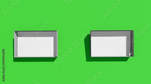 3D animation of two white cardboard boxes unpacking on green background, perfect for e-commerce promotions, logistics and shipping concepts, product unboxing, and commercial video projects, 4k video