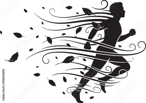 Silhouette of a person running with swirling leaves around